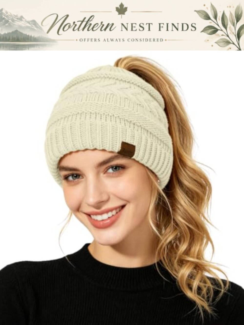 Cable Knit Ponytail Beanie Winter Warm Messy Bun Hat Stretch Acrylic
